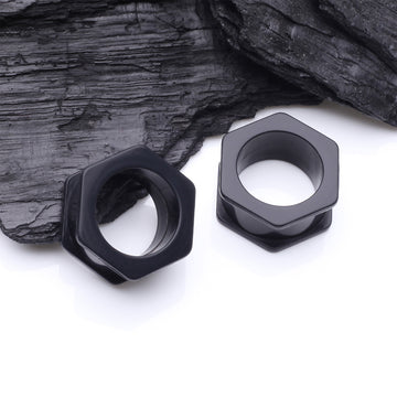 Detail View 1 of A Pair of Hexagon Bolt Flexible Silicone Double Flared Ear Gauge Tunnel Plug-Black